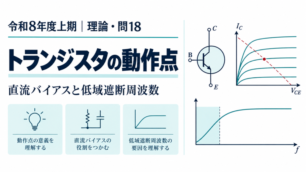 令和8年度上期 電験3種 理論科目 問18。トランジスタの直流動作点と低域遮断周波数のアイキャッチ画像