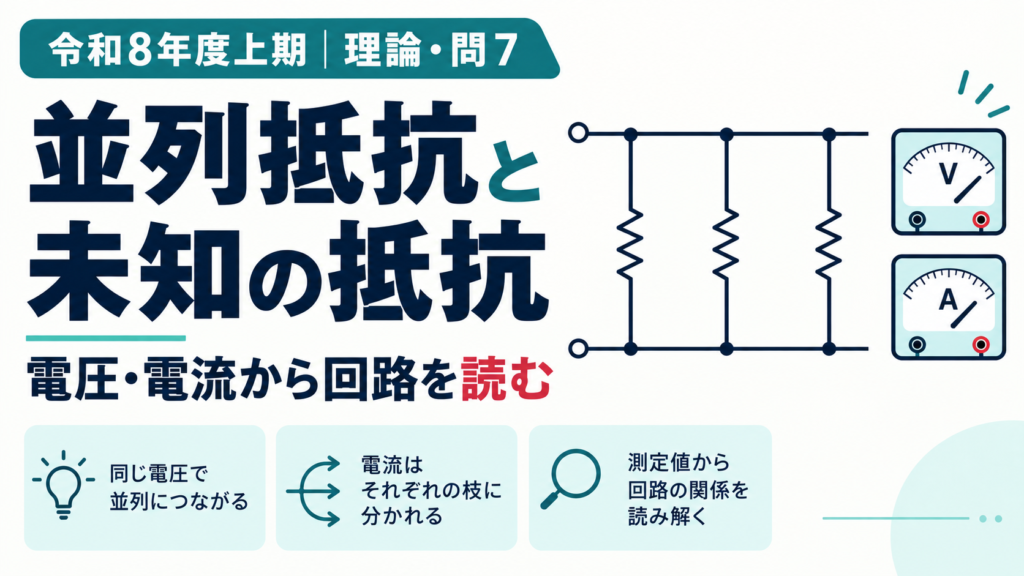 令和8年度上期 電験3種 理論科目 問7。並列抵抗の電流から未知抵抗を求めるのアイキャッチ画像