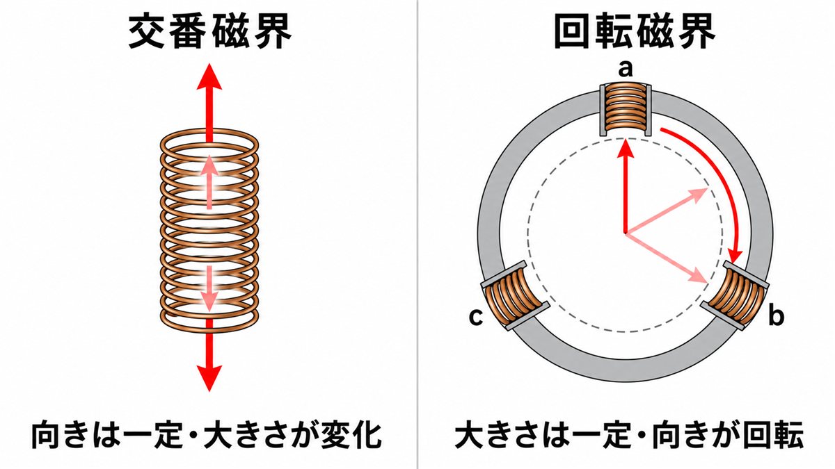 交番磁界と回転磁界の比較。交番磁界は向きが一定で大きさが変化し、回転磁界は大きさが一定で向きがa→b→cの順に回転する