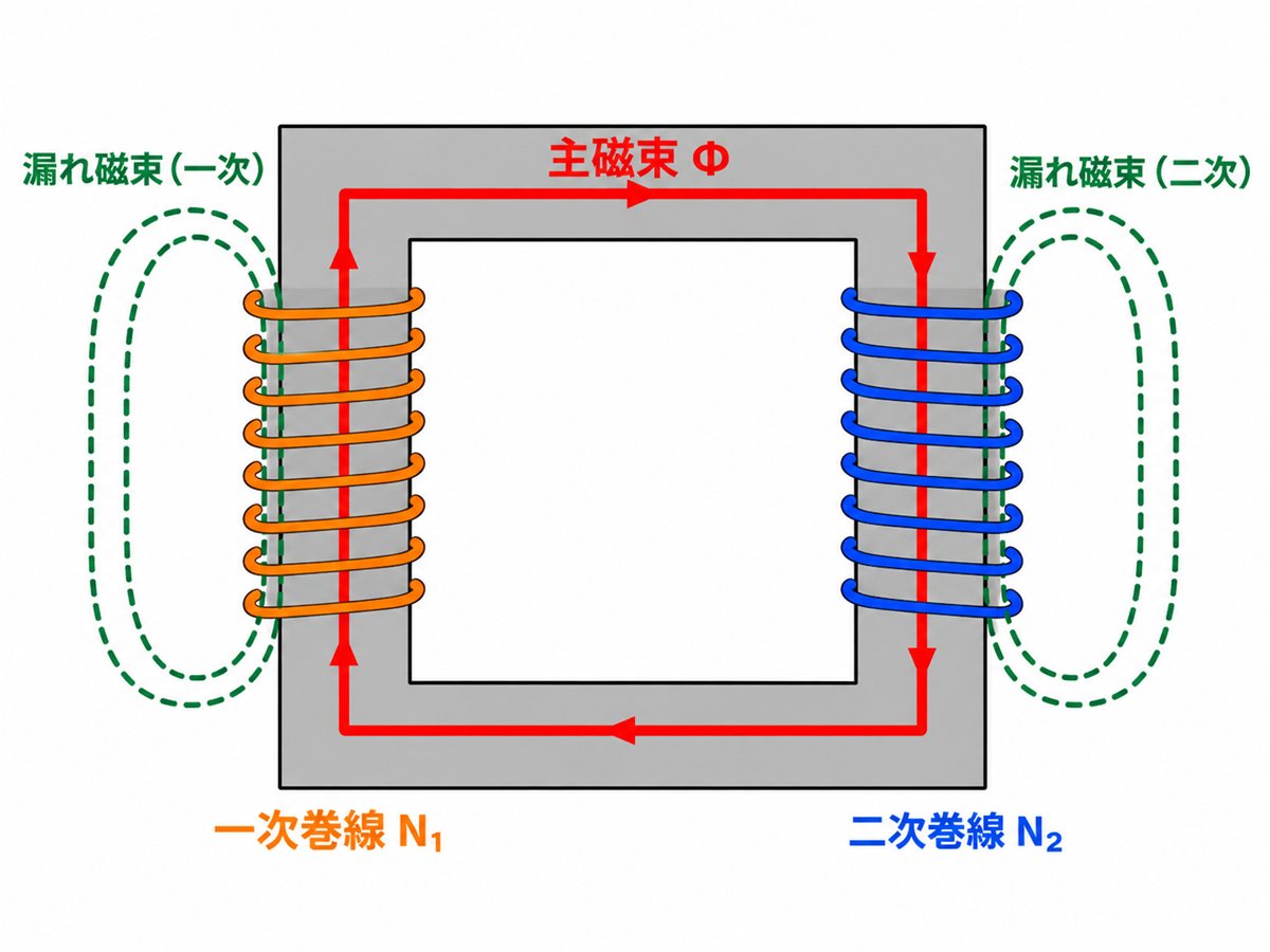 変圧器の主磁束と漏れ磁束。主磁束は鉄心を通って一次・二次の両方の巻線を貫き、漏れ磁束は片方の巻線だけを貫いて空気中を戻る