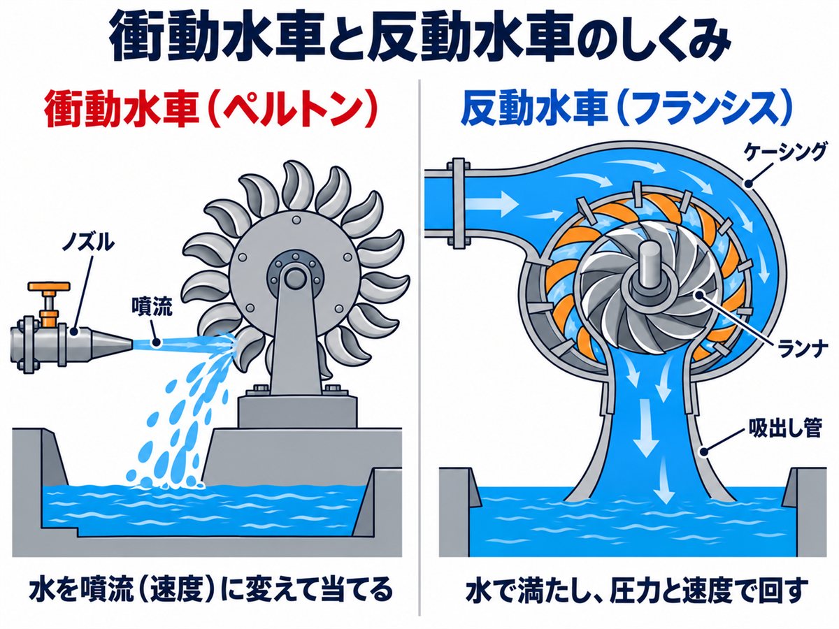 衝動水車と反動水車のしくみ。衝動水車（ペルトン）はノズルからの噴流を空気中でバケットに当て、反動水車（フランシス）は水で満たしたケーシングの中でランナを回し、吸出し管から水を出す